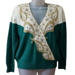 Jaclyn Smith Green White Beaded Paisley Embroidered Deep V-Neck Sweater LG